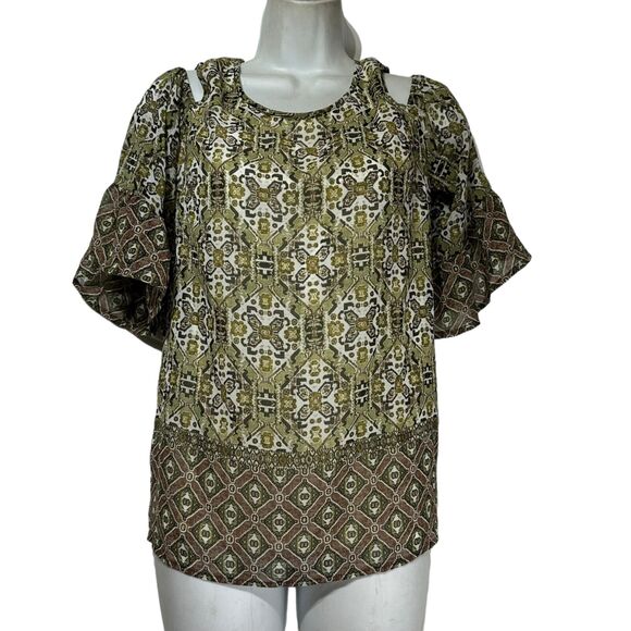 Sara Michelle Green Brown Mandala Print Cold Shoulder Blouse Size S - Picture 1 of 6